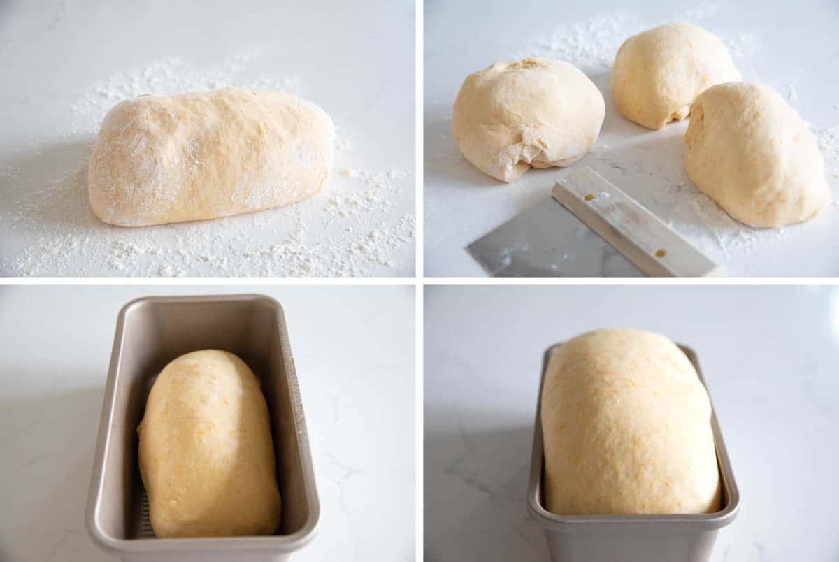 Taking risen bread dough and forming into loaves.