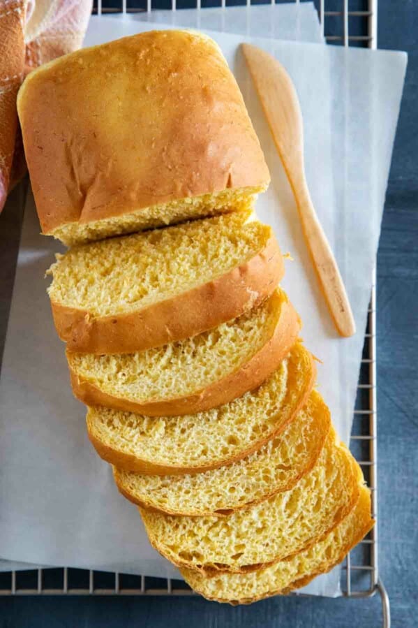 Overhead view of sliced loaf of butternut squash bread.