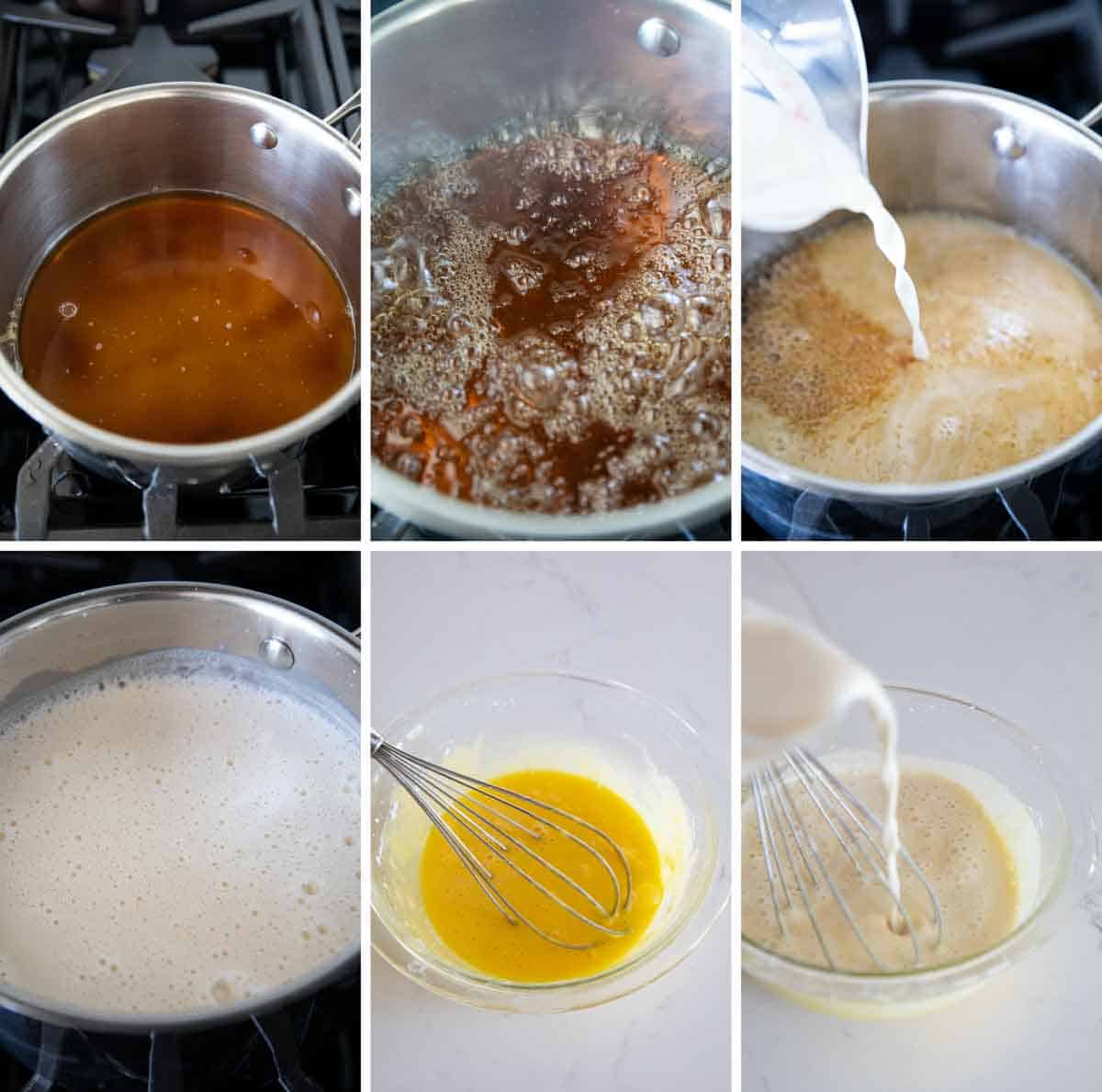Six photos showing steps to make butterscotch budino.