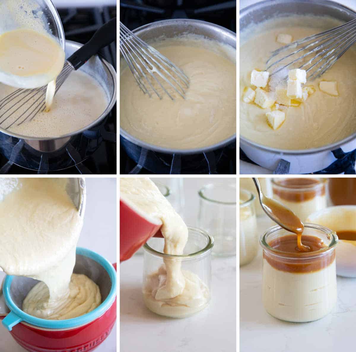 Six photos showing how to make butterscotch budino and top with caramel.