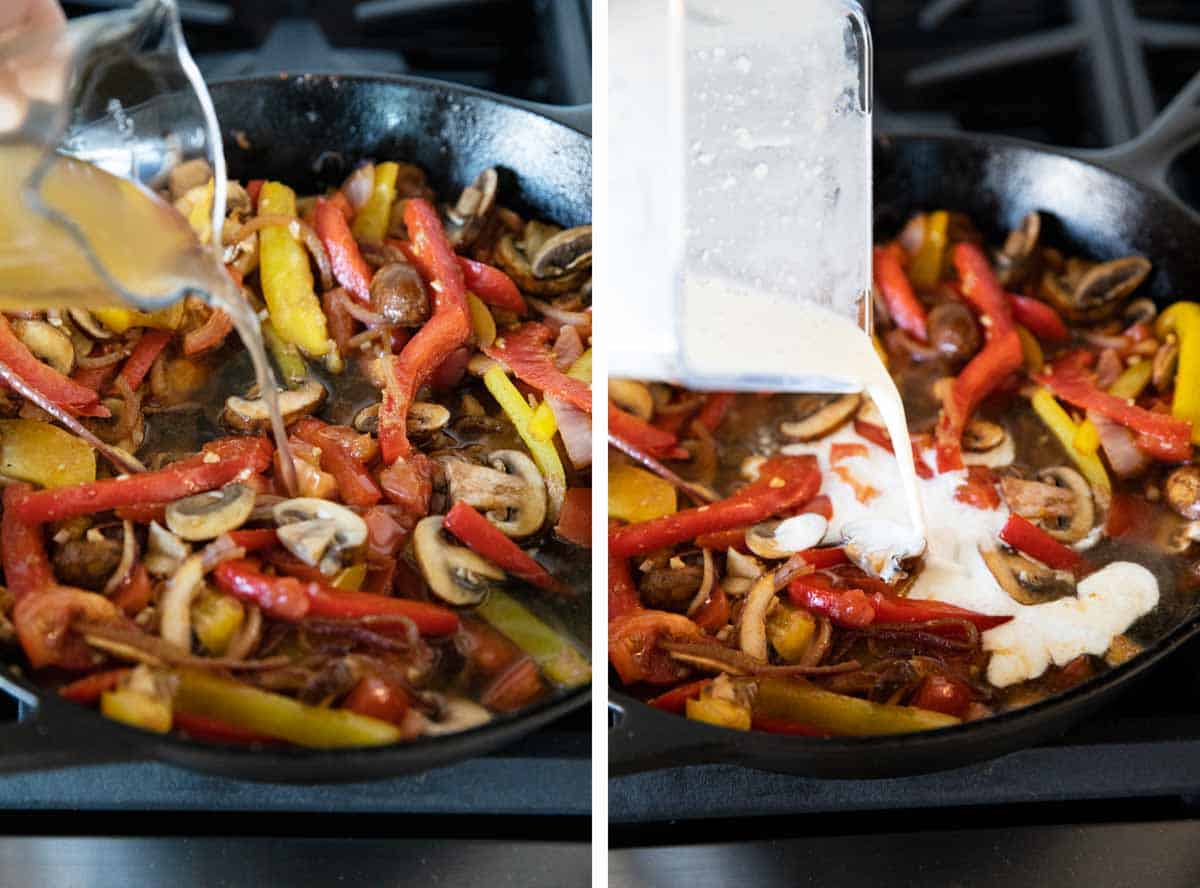 process shots showing adding chicken broth and sauce to skillet