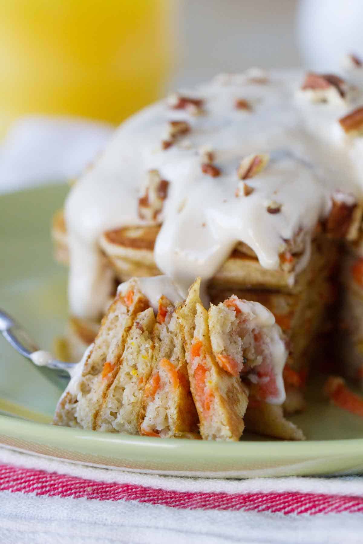 forkful of carrot cake pancakes showing interior