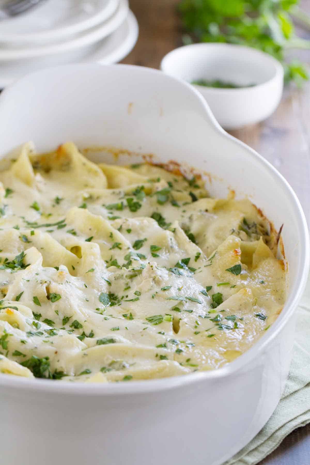 baking dish with chicken alfredo stuffed shells