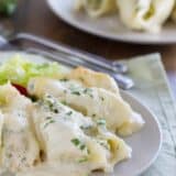 plate with a serving of chicken alfredo stuffed shells