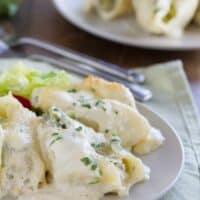 plate with a serving of chicken alfredo stuffed shells