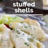Chicken Alfredo Stuffed Shells with text overlay