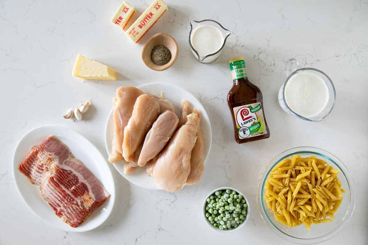 Ingredients needed to make Chicken Bacon Pasta.