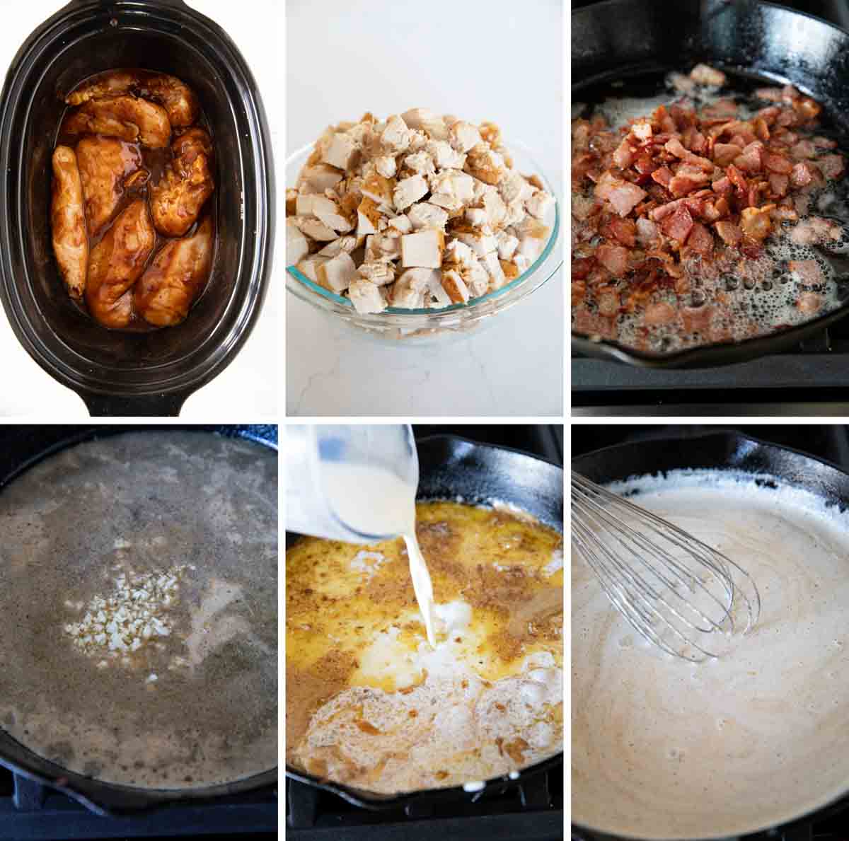 Six photos showing steps to make chicken, bacon, and creamy sauce.