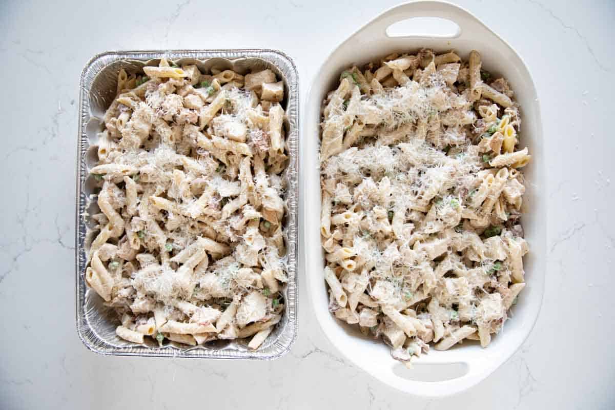 Two casserole dishes with Chicken Bacon Pasta.