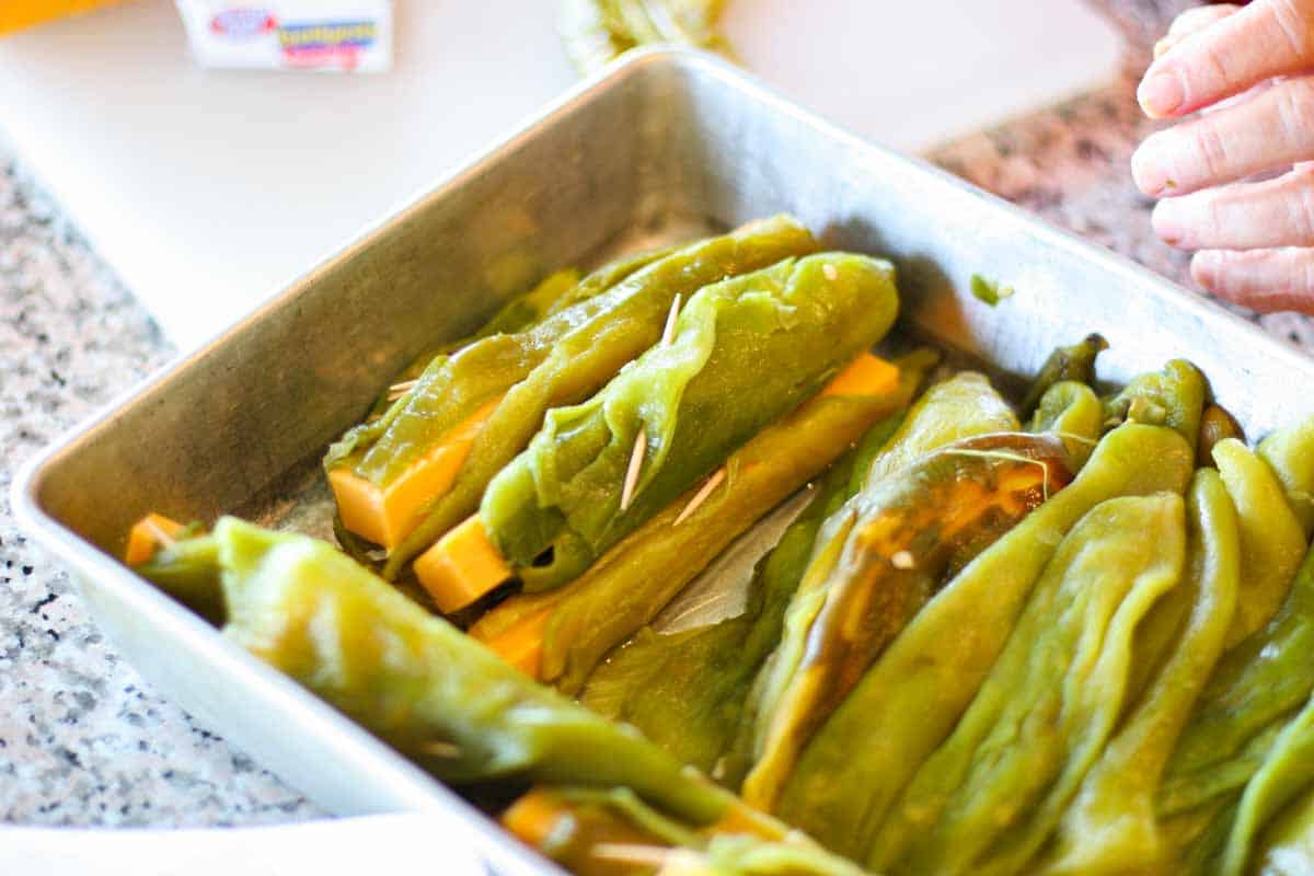 cheese stuffed chiles in a dish