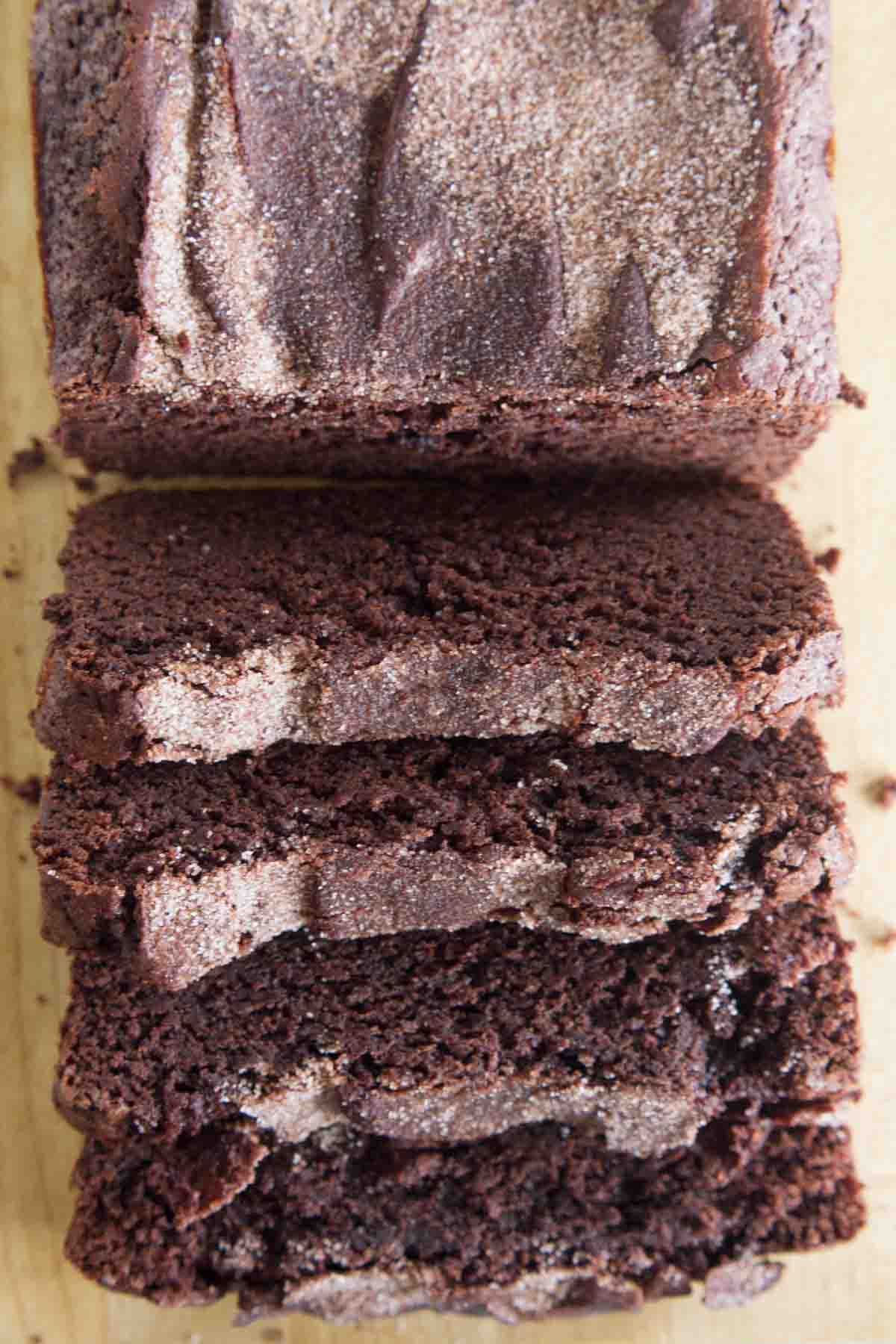 overhead view of sliced chocolate cinnamon bread