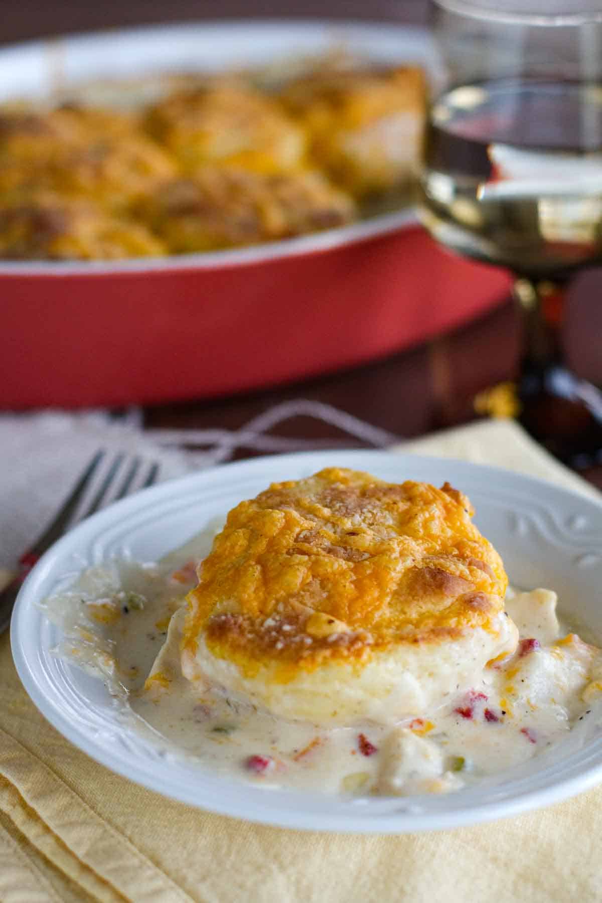 serving of Creamy Chicken and Biscuits in a shallow bowl