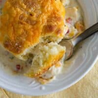 overhead view of a serving of Creamy Chicken and Biscuits