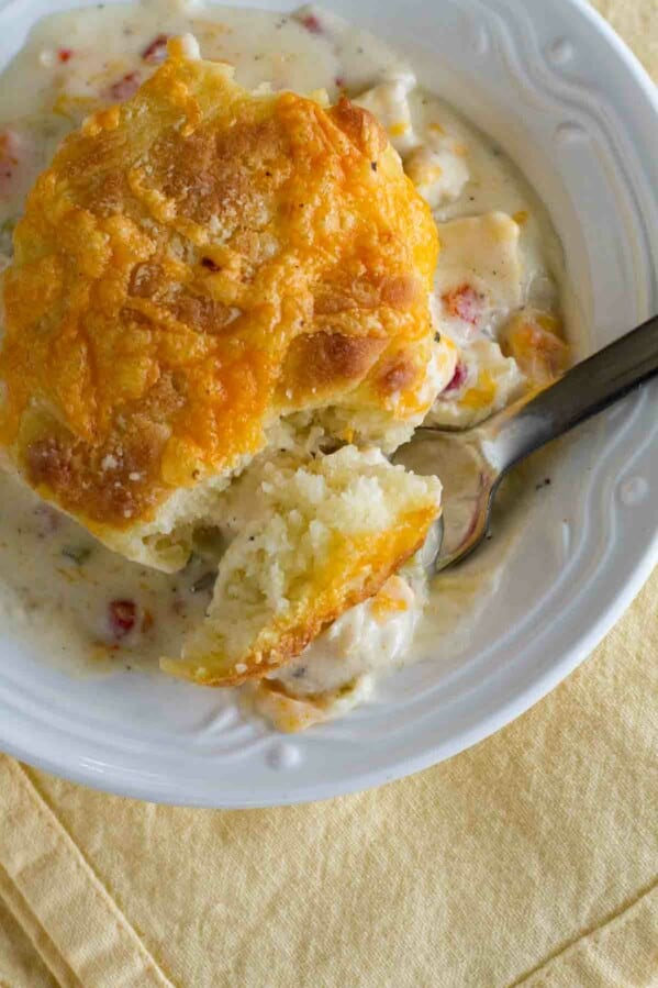 overhead view of a serving of Creamy Chicken and Biscuits