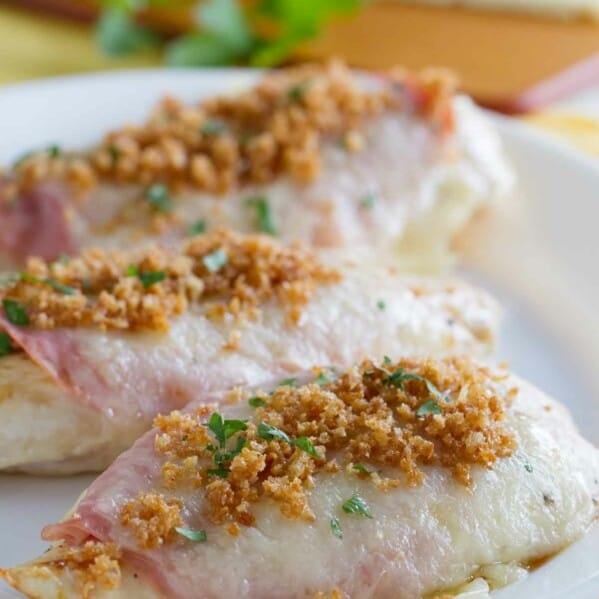 Chicken cordon bleu on a serving platter