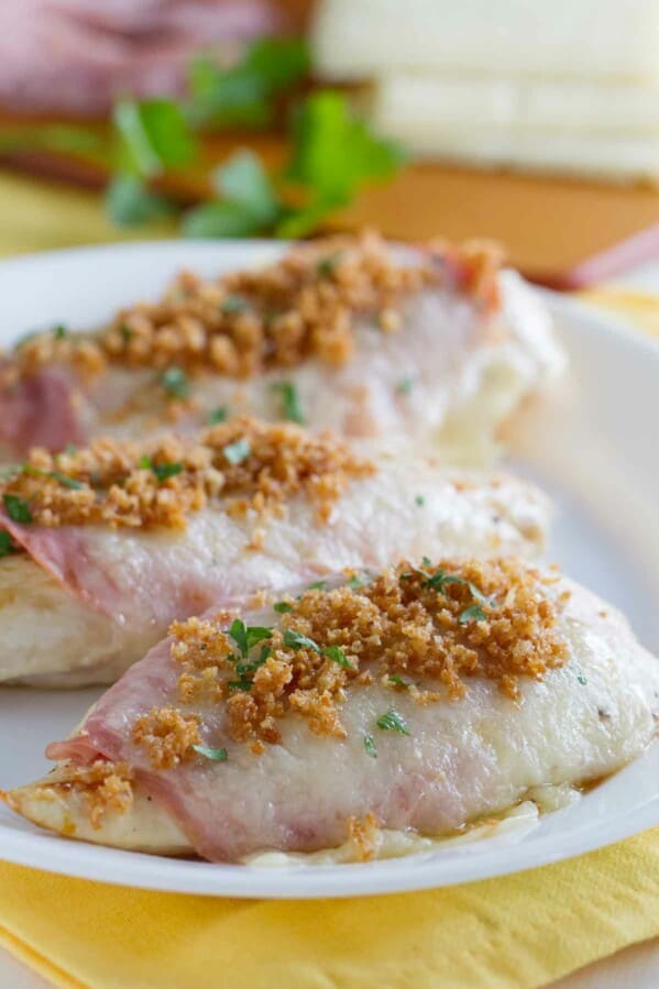Chicken cordon bleu on a serving platter
