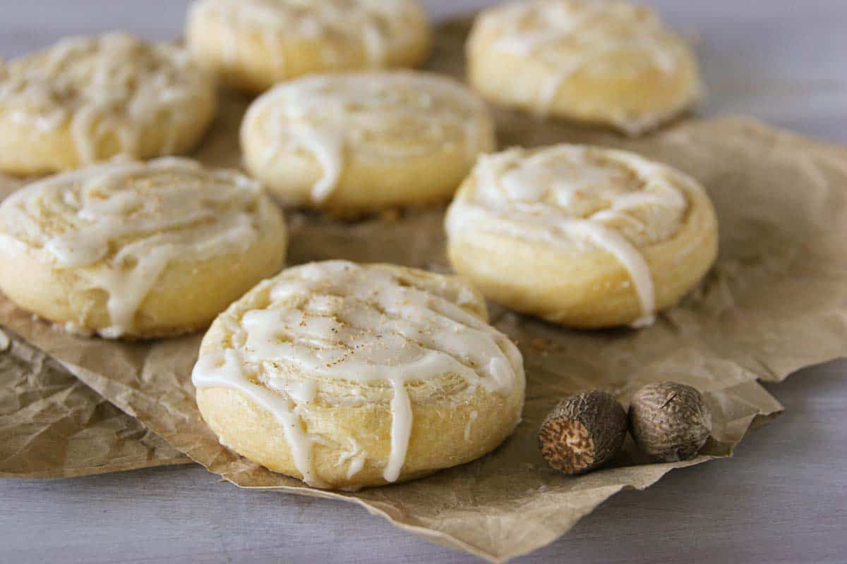 Easy Eggnog Pinwheels with fresh nutmeg on the side