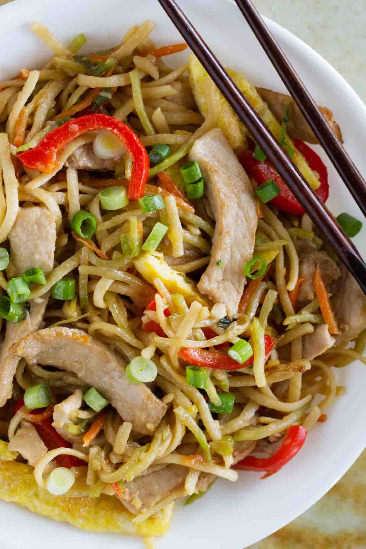 close up of lo mein with egg and pork and vegetables