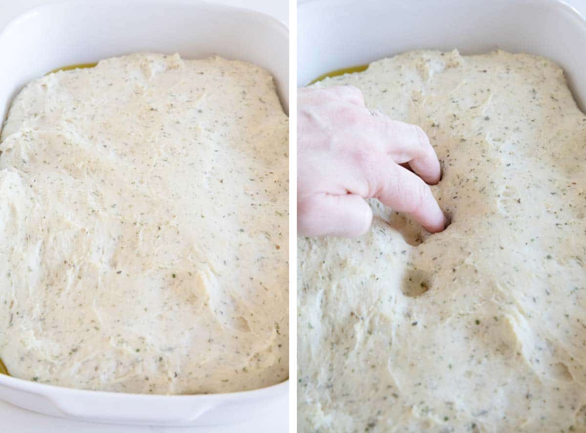 risen focaccia dough and pressing fingers into dough