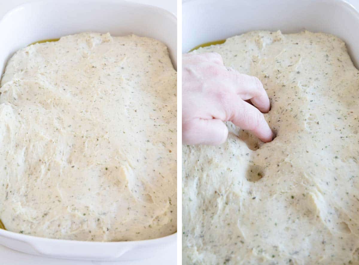 risen focaccia dough and pressing fingers into dough