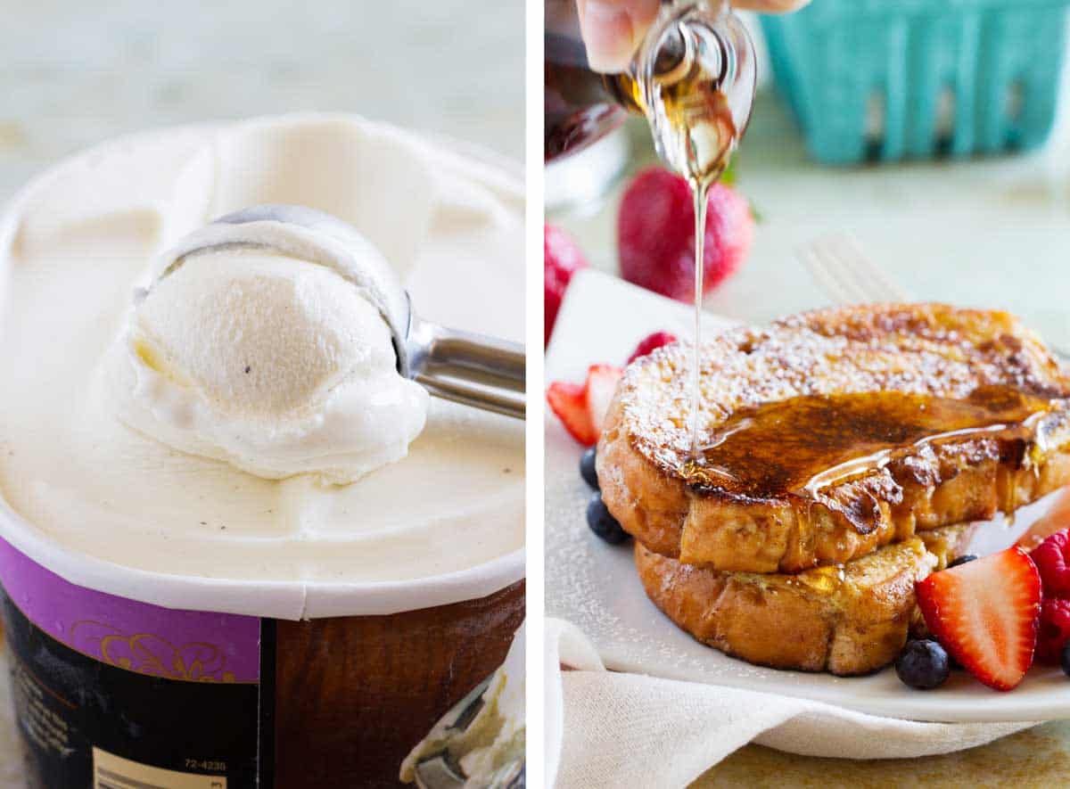 collage showing scooping ice cream and topping french toast with syrup