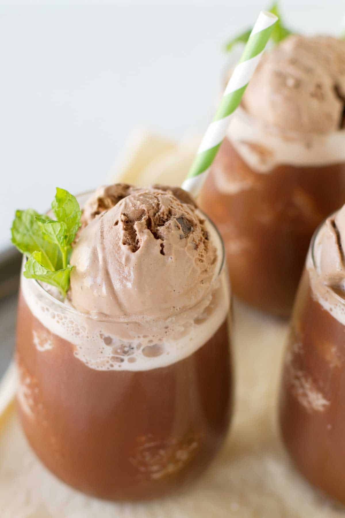 top view of iced chocolate showing gelato on top with mint