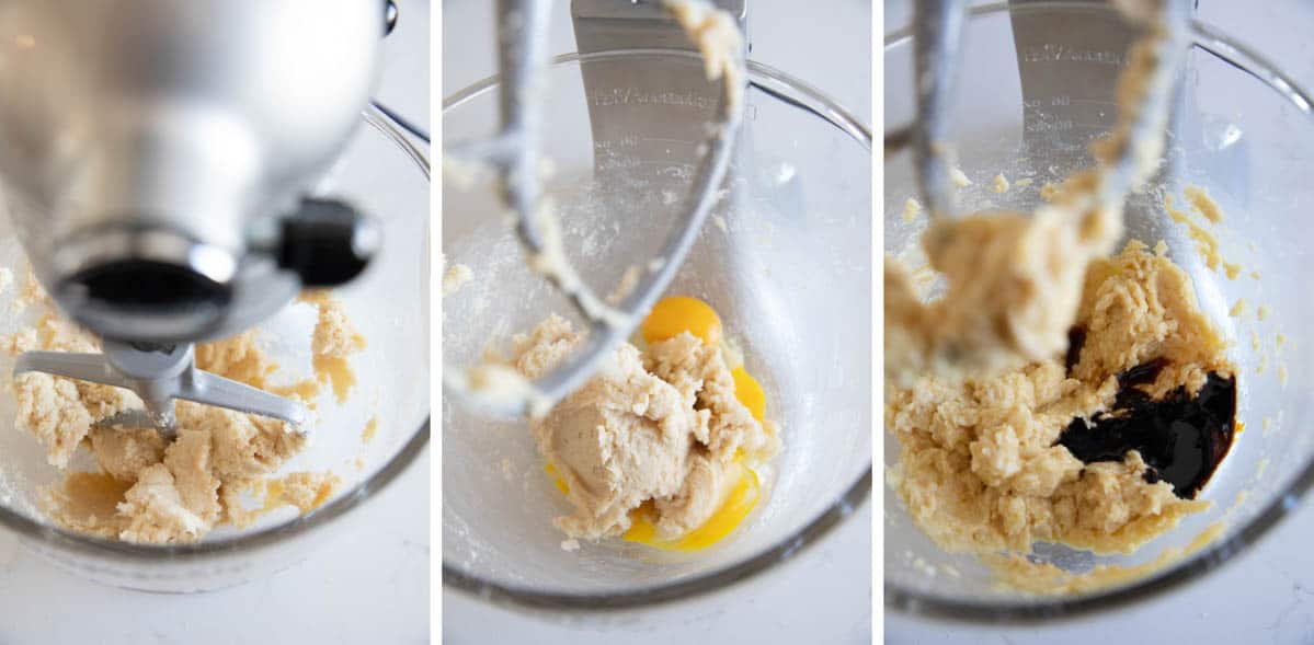 three pictures showing mixing butter, sugar, eggs and molasses.