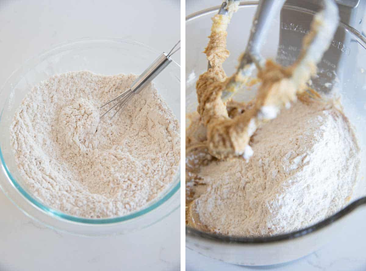 whisking dry ingredients and adding them to the wet ingredients.