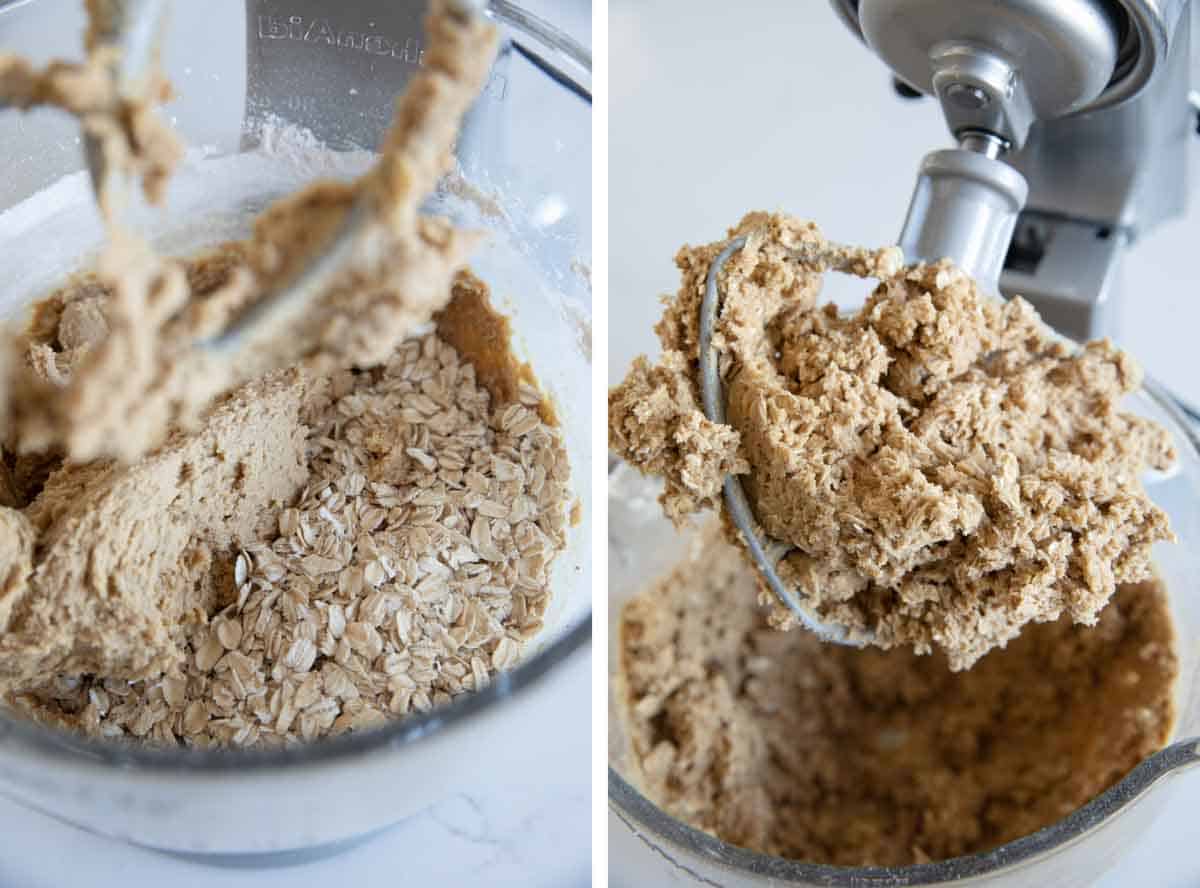photos showing adding oats to cookie dough