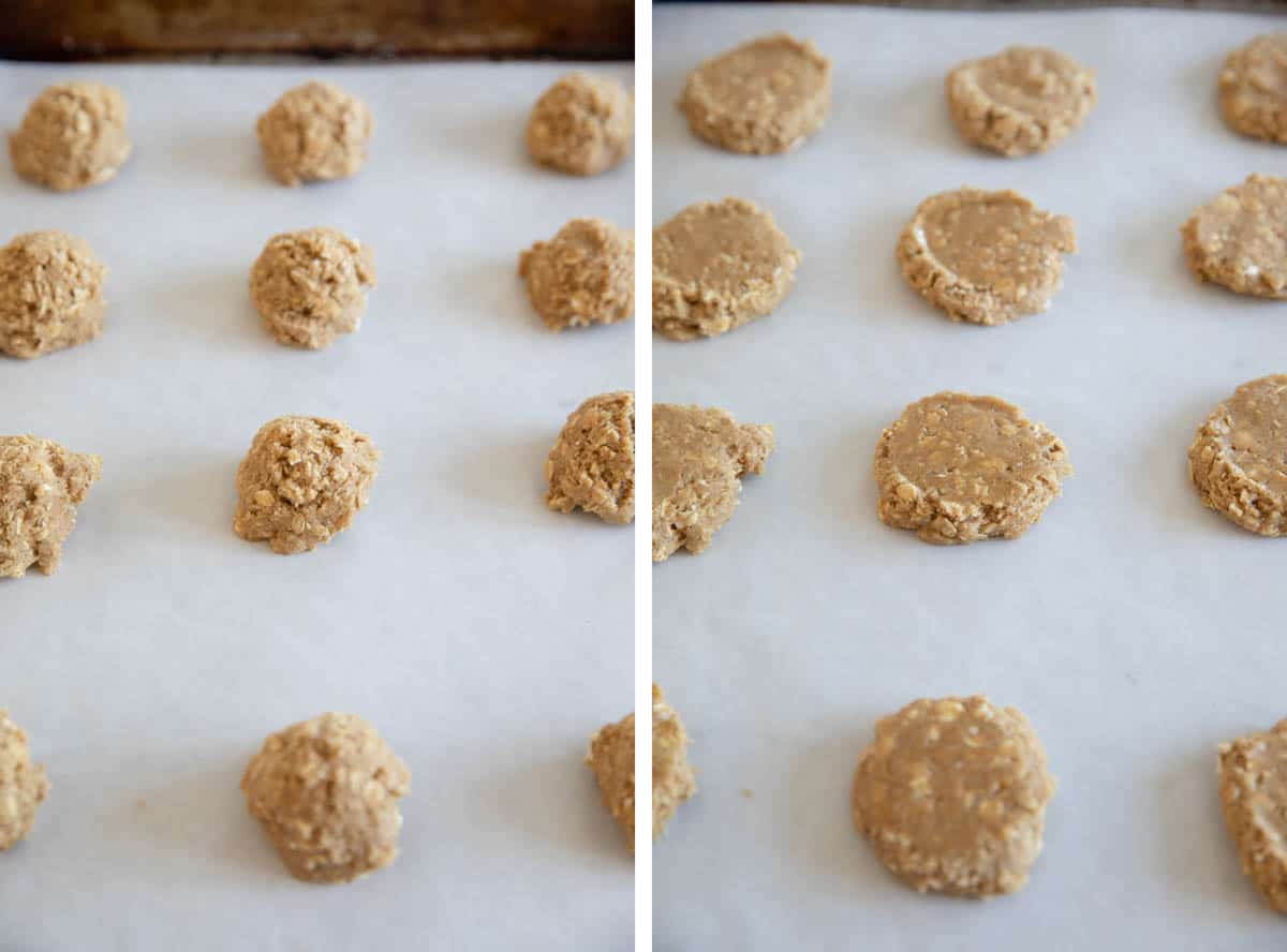 cookie dough balls on a baking sheet and flattened cookie dough balls.