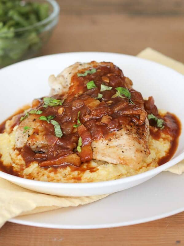 Italian BBQ Chicken with Polenta in a shallow bowl