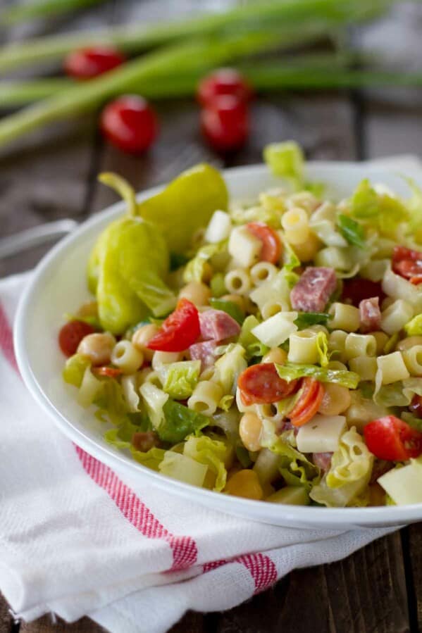 bowl filled with Italian Chopped Salad with pasta