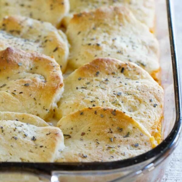 Italian Ground Beef Casserole with Biscuit Topping in a baking dish