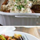 Italian pork chops with creamy mushroom gravy collage with text overlay