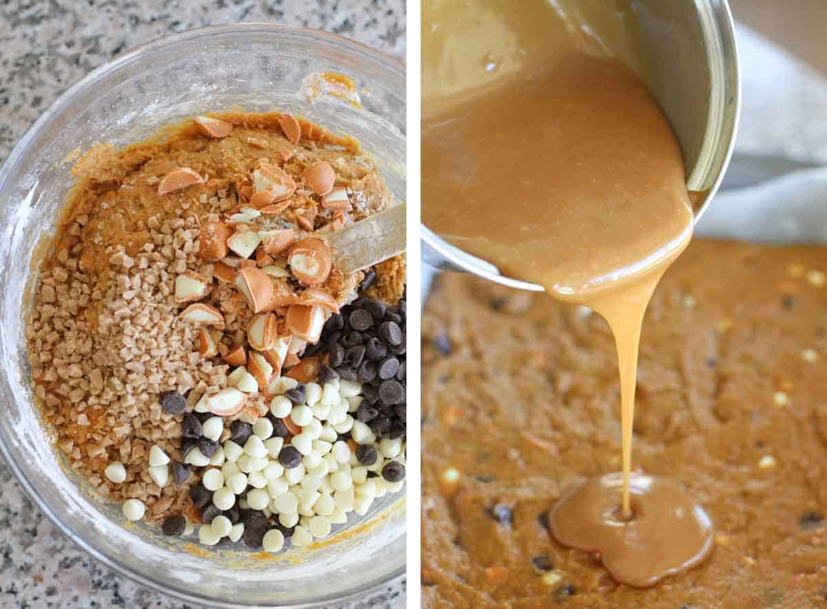 Two photos with batter for pumpkin blondies and pouring caramel over blondies.