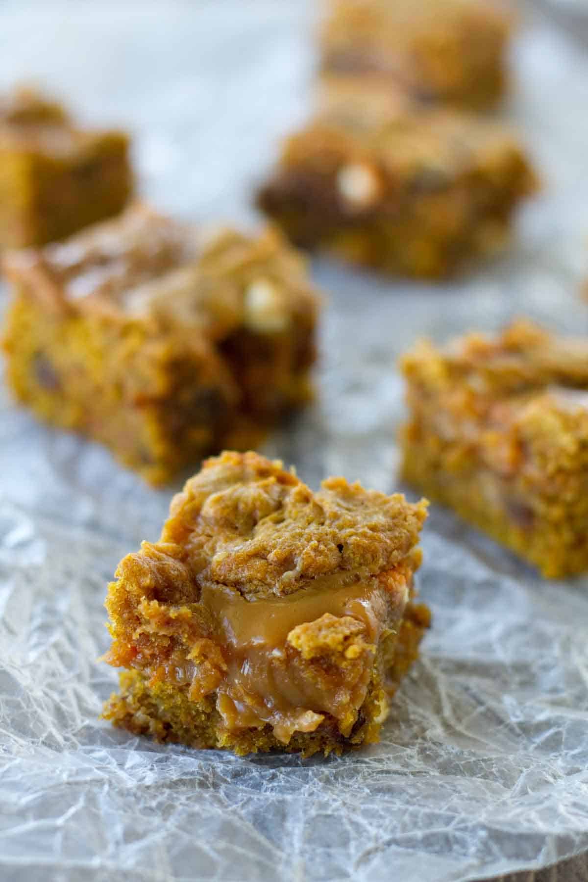 Sliced Loaded Caramel Pumpkin Blondies.