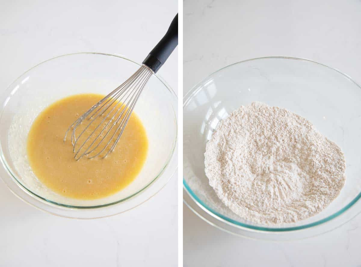 photos showing mixing wet ingredients and mixing dry ingredients for muffins