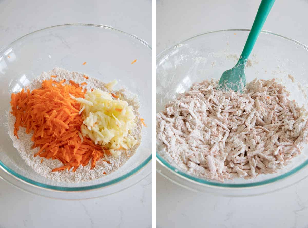 mixing carrots and apples into the dry ingredients