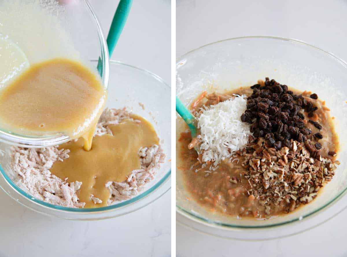 Adding the wet ingredients to muffin batter, then stirring in coconut, raisins and nuts.