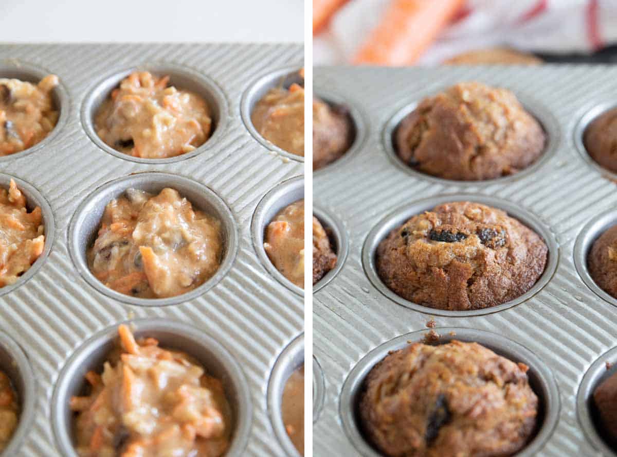 Muffin batter in a muffin tin, then baked muffins in a muffin tin.