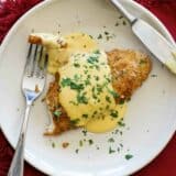 overhead view of piece of pretzel crusted chicken covered in mustard-cheddar sauce.