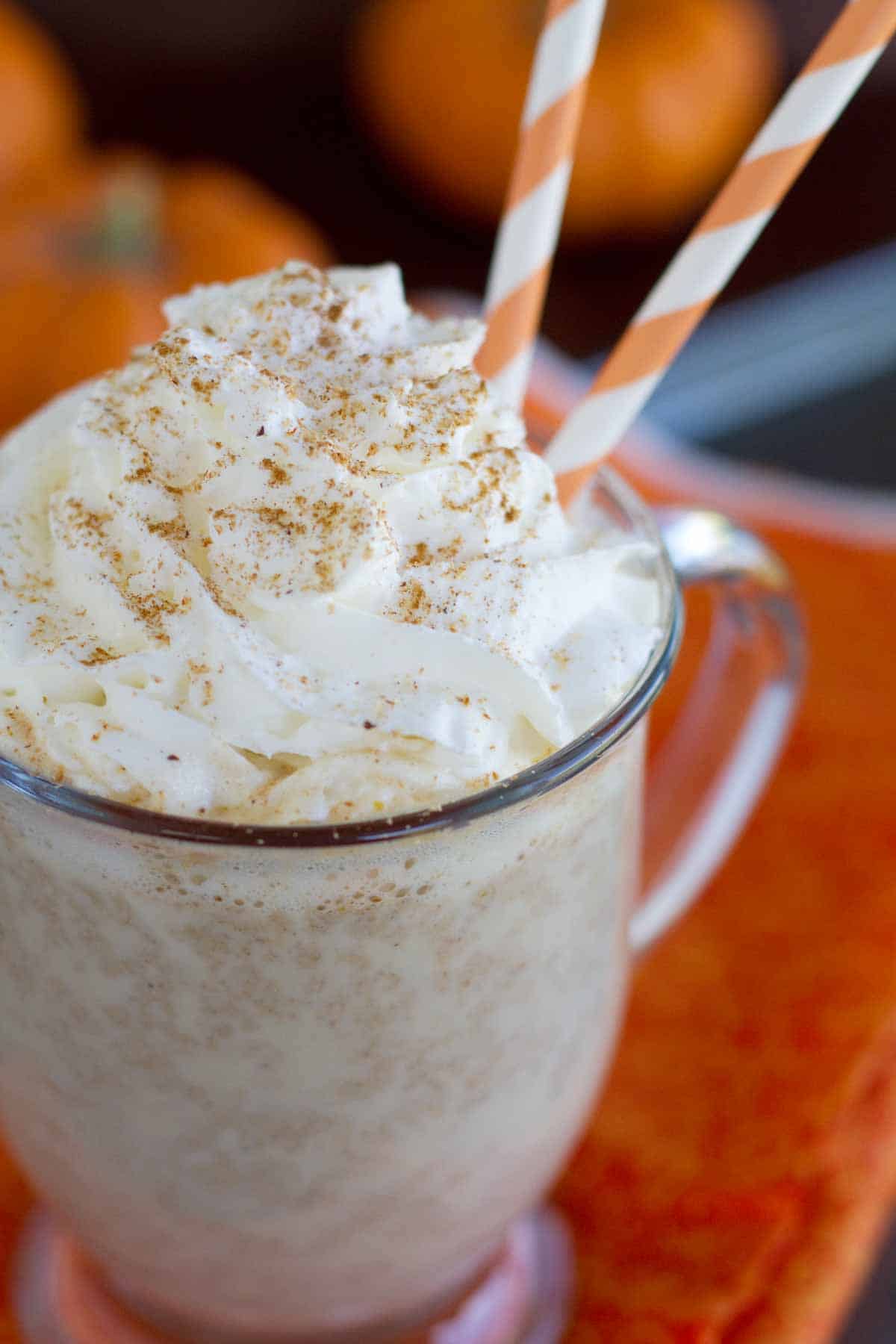 close up of pumpkin steamer topped with whipped cream.