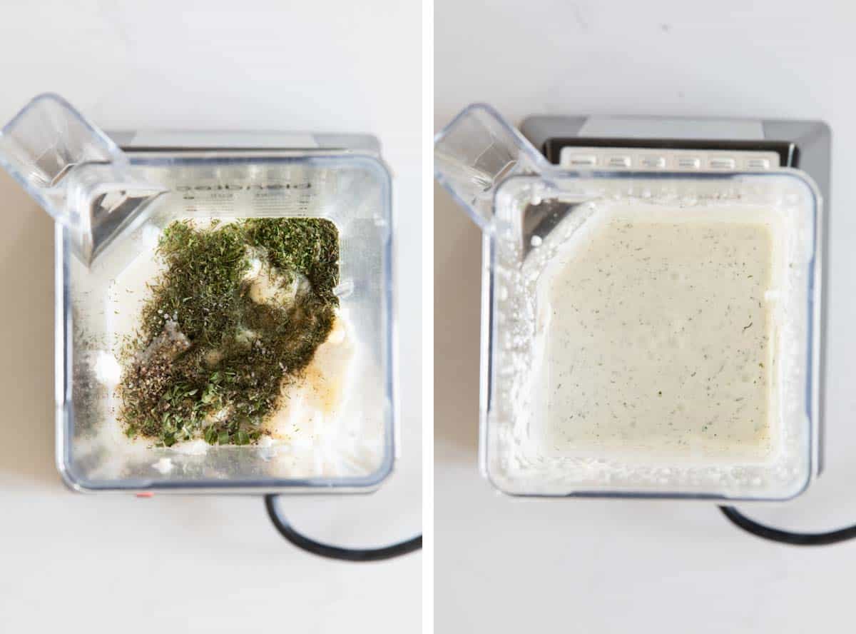 overhead view of blender with ranch dressing before and after blending