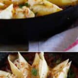 stuffed pasta shells with easy bolognese sauce collage with text overlay