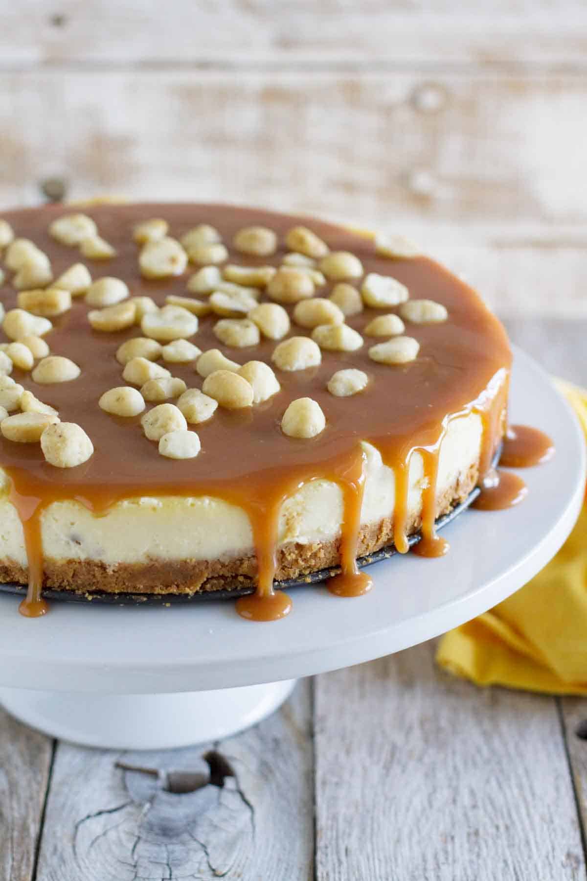 full white chocolate cheesecake with macadamia nuts and caramel