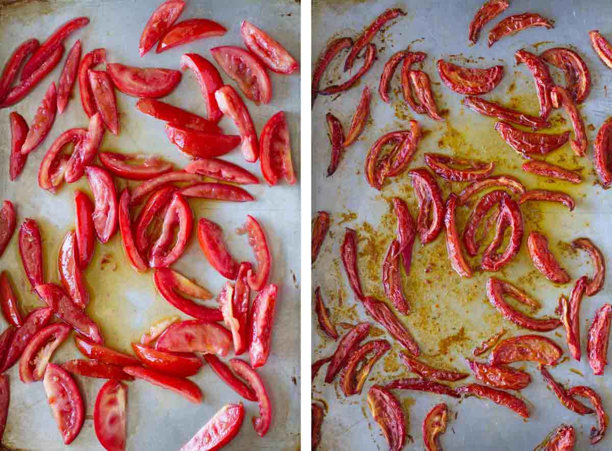 two photos showing tomatoes before and after being roasted