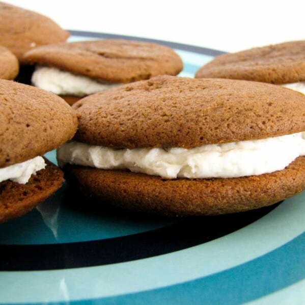 chocolate whoopie pies on a blue plate