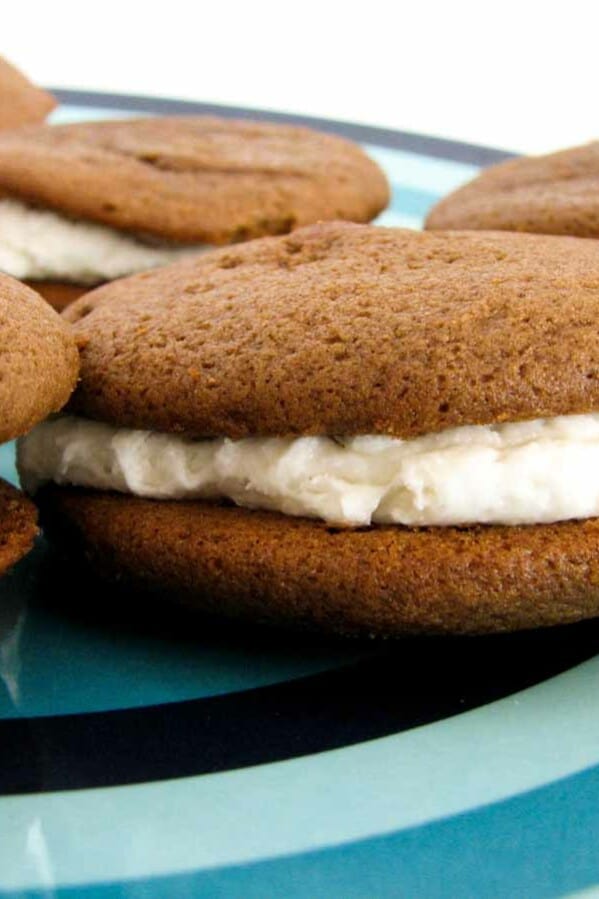 chocolate whoopie pies on a blue plate