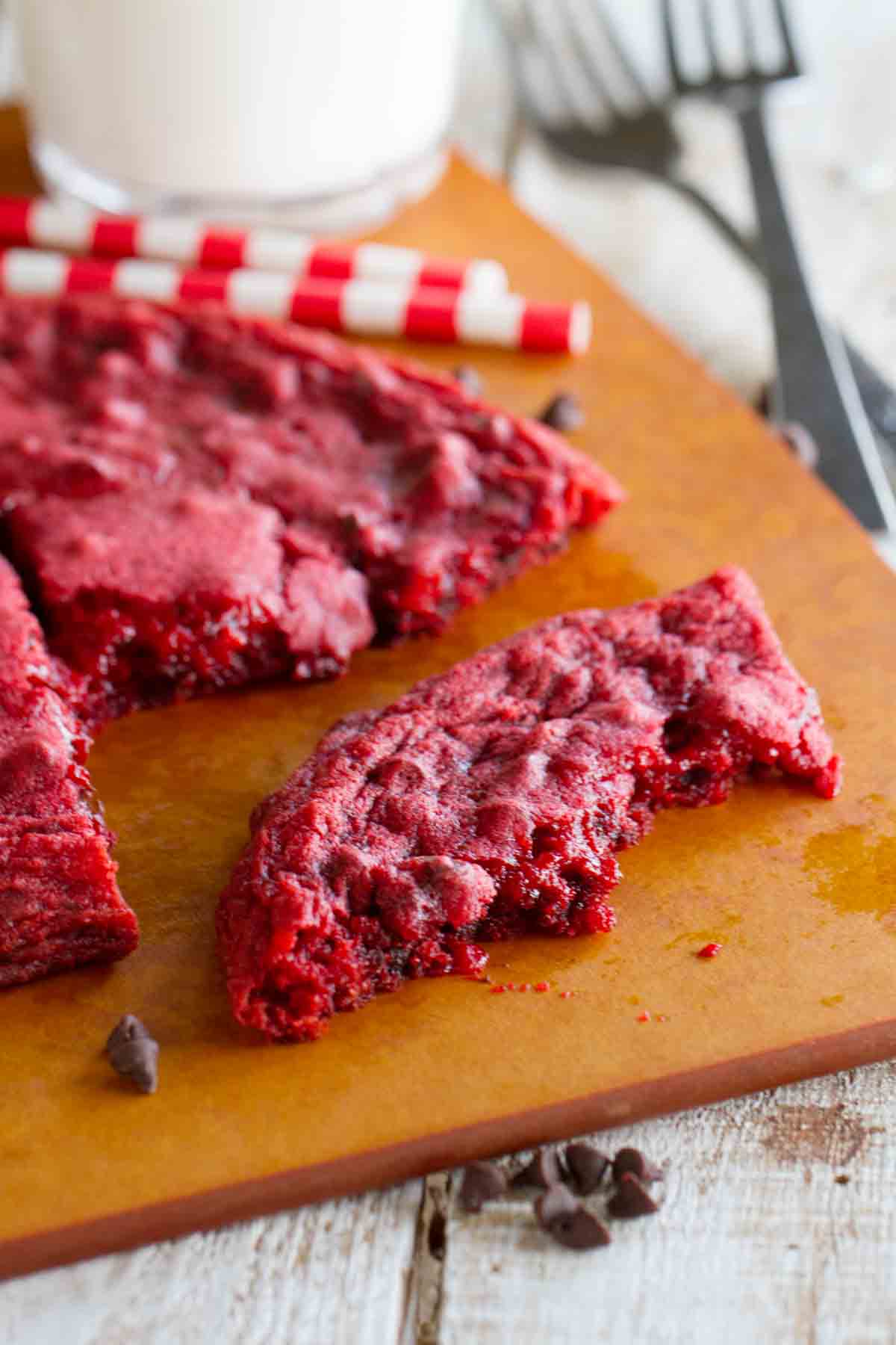 XL Red Velvet Cookie broken apart to show texture