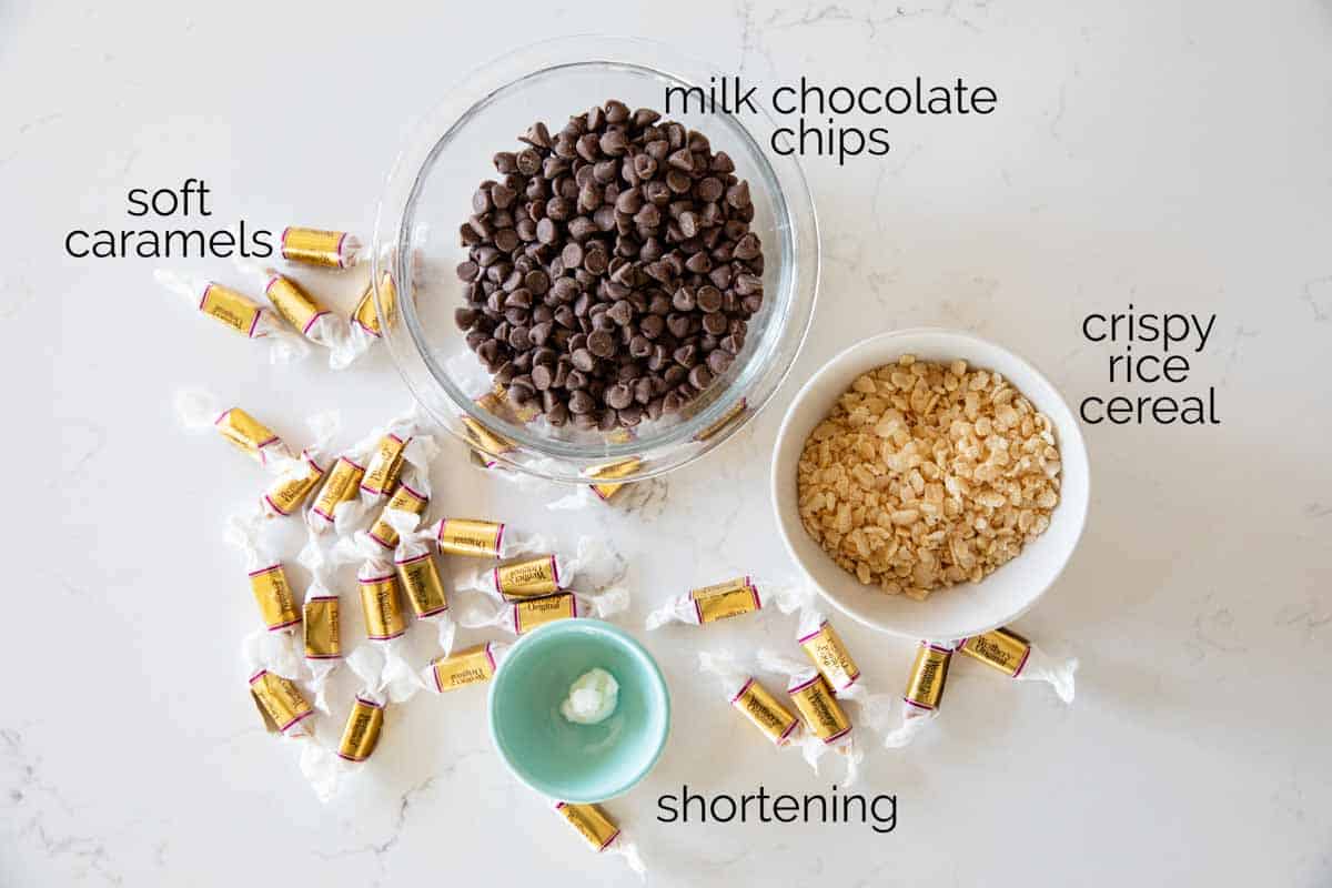 Caramel, chocolate, and crispy cereal make up these Homemade 100 Grand Candy Bars. These are so easy, you’ll want to keep all the ingredients on hand for when a craving hits! ingredients needed to make homemade 100 grand candy bars.